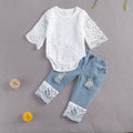 Citgeett Summer Baby Girls Long Sleeve Lace Romper Suit e White Neck Lace Top Long Jeans Denim Pants 2Pcs Set