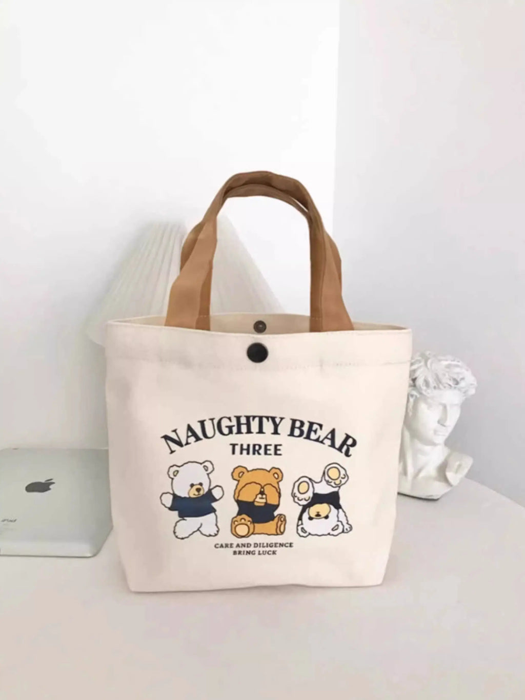 Little Bear Canvas Bag, Female Printed Versatile, Student Portable, Office Handbag, Bento Bag, Handbag, Sail Bag
