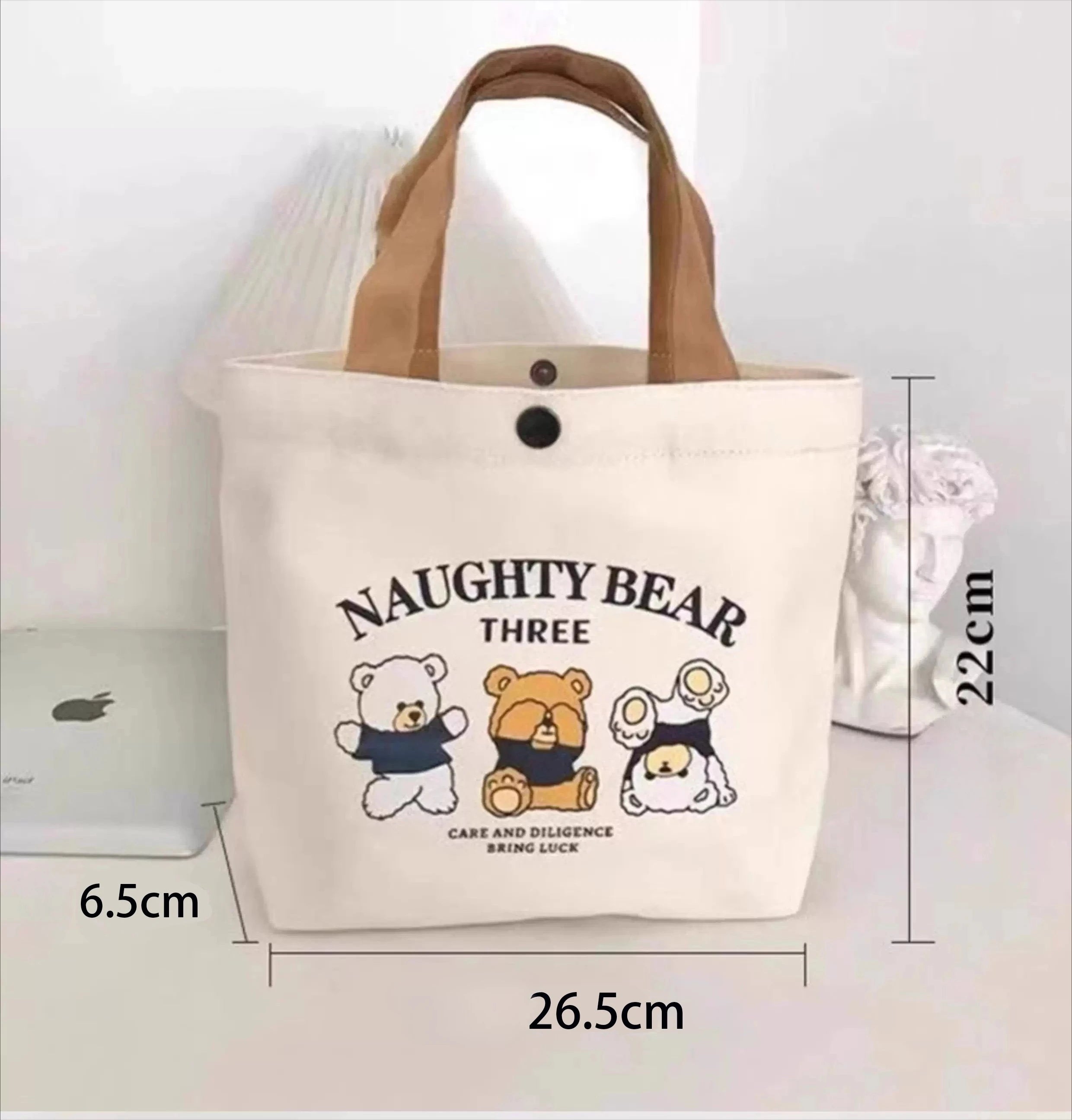Little Bear Canvas Bag, Female Printed Versatile, Student Portable, Office Handbag, Bento Bag, Handbag, Sail Bag
