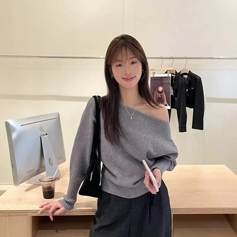 Knitted Sweater Women Pullovers New Long Sleeve Slash Neck Black Knit Sweater Pullover Women Tops Sweaters Women Clothing Q1476