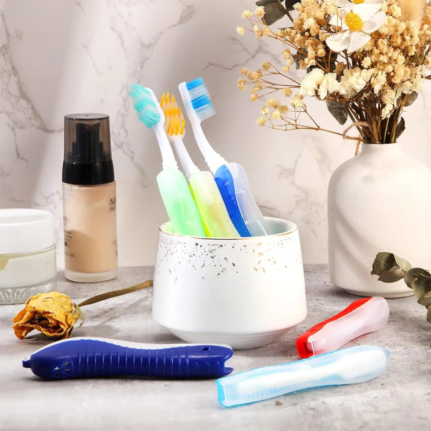 Travel Folding Toothbrush Portable Toothbrush Built in Cover Multi Color Size Collapsable Brush for Trip Daily Use Women Men