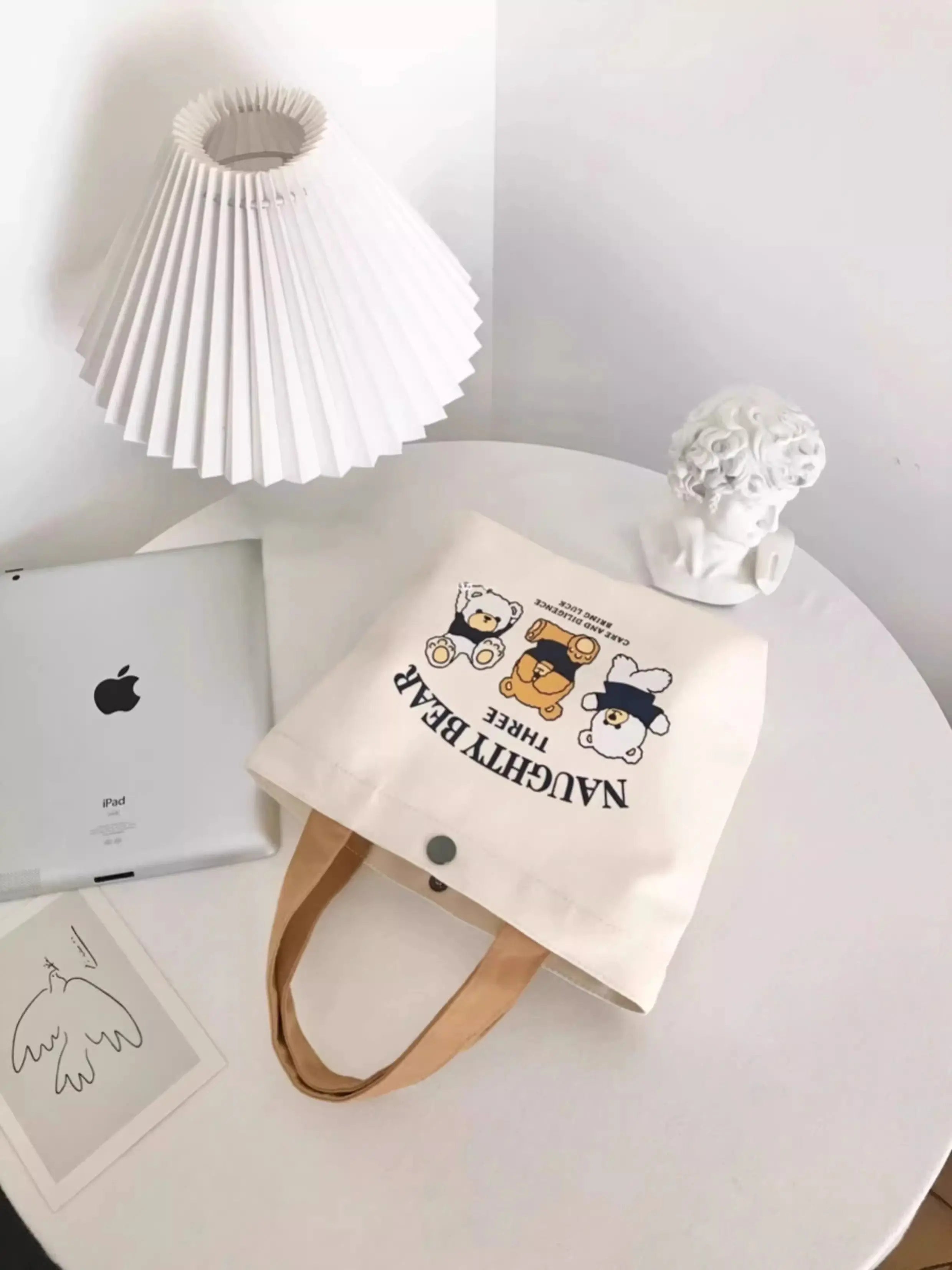 Little Bear Canvas Bag, Female Printed Versatile, Student Portable, Office Handbag, Bento Bag, Handbag, Sail Bag
