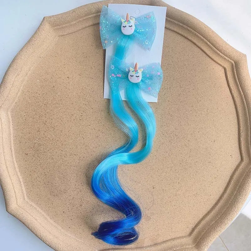 2PCS New Lovely Princess Rainbow Bow Unicorn Wig Girls Hairpins Children Headwear Hairgrip Hair Clips Barrettes Hair Accessories
