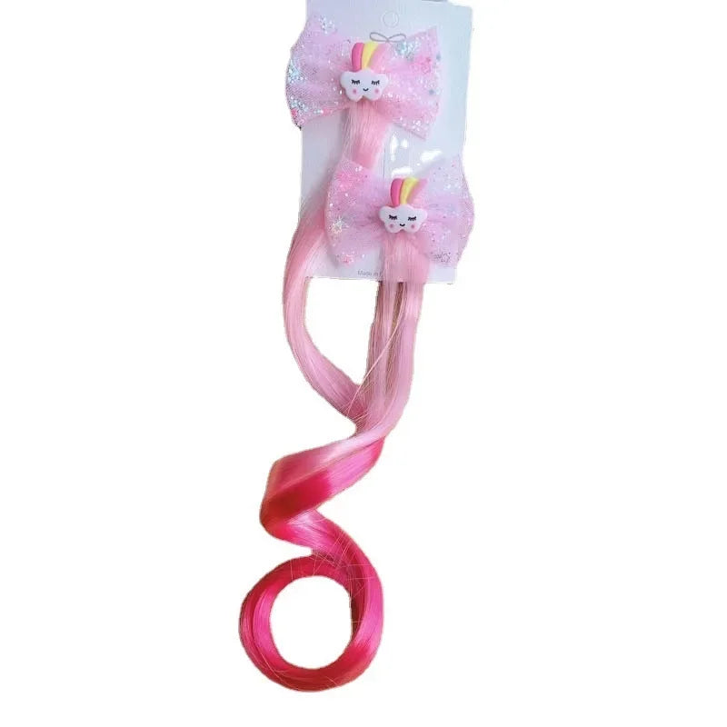 2PCS New Lovely Princess Rainbow Bow Unicorn Wig Girls Hairpins Children Headwear Hairgrip Hair Clips Barrettes Hair Accessories