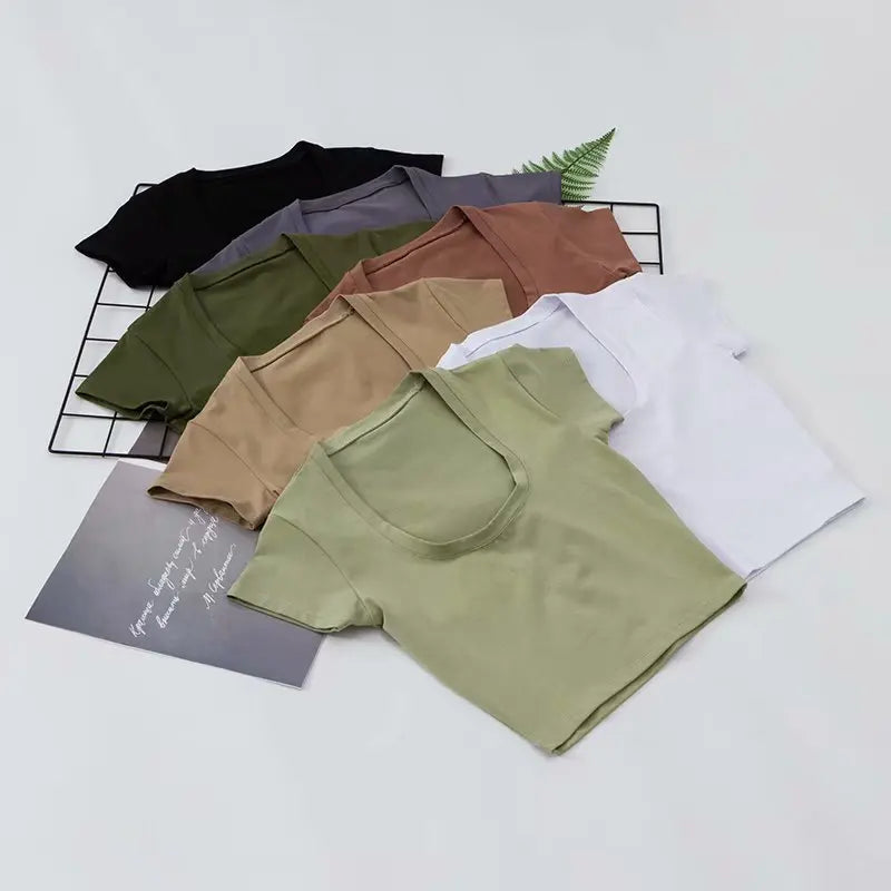 U-Neck Crop Top Solid Color Women Casual High Waist T Shirt Basic Sexy Streetwear Short Sleeve Slimming
