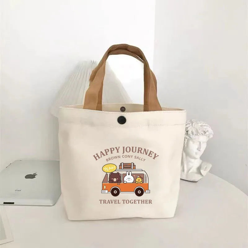 Little Bear Canvas Bag, Female Printed Versatile, Student Portable, Office Handbag, Bento Bag, Handbag, Sail Bag
