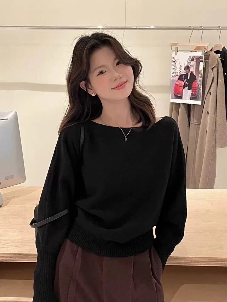 Knitted Sweater Women Pullovers New Long Sleeve Slash Neck Black Knit Sweater Pullover Women Tops Sweaters Women Clothing Q1476