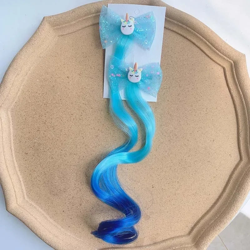 2PCS New Lovely Princess Rainbow Bow Unicorn Wig Girls Hairpins Children Headwear Hairgrip Hair Clips Barrettes Hair Accessories