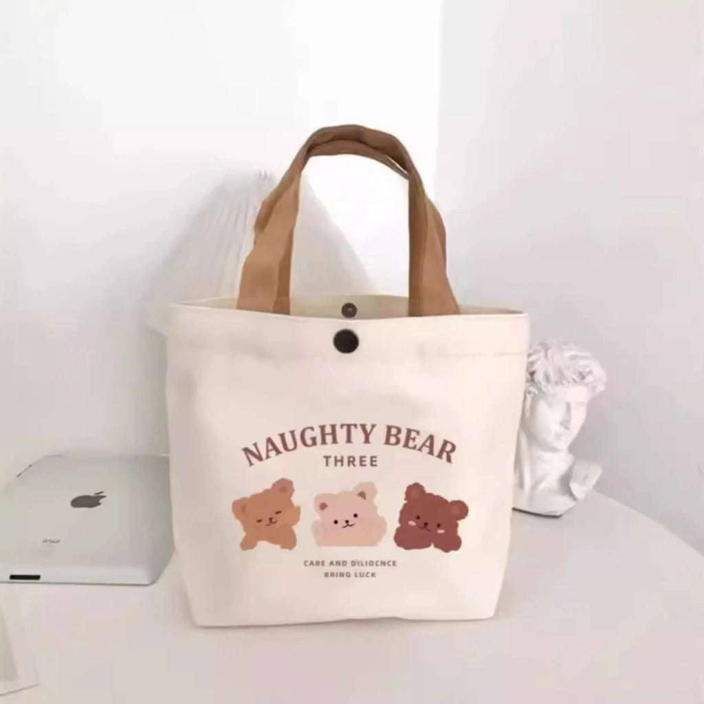 Little Bear Canvas Bag, Female Printed Versatile, Student Portable, Office Handbag, Bento Bag, Handbag, Sail Bag